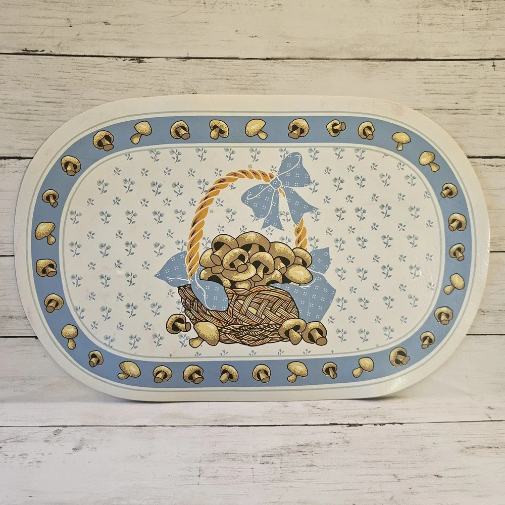 Vintage‎ Mushroom Vinyl Placemat Set of 4 Blue White Cottagecore Country Kitchen
